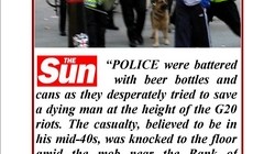 Press misinformation about the unprovoked attack from behind on Ian Tomlinson by police during G20. In fact it was protesters who helped after the police assault
