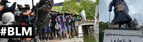 Photo montage of the Bristol and london Black Lives Matter statue direct action