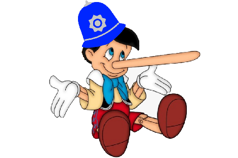 Cartoon pinochio wearing a police helmet, shrugging with a loooong nose.