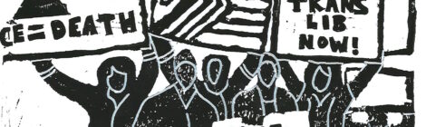 Linocut of a pride protest, include flags and placards