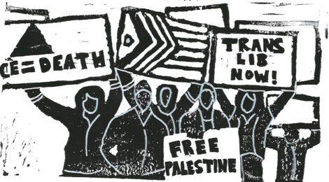 Linocut of a pride protest, include flags and placards